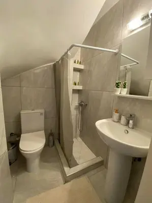 a bathroom with a toilet and a shower and a sink at Magio House in Ixia