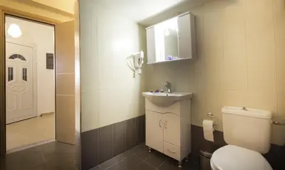 a bathroom with a toilet and a sink and a mirror at Georgias Apartments in Haraki