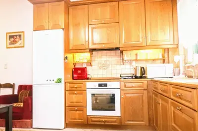 a kitchen with wooden cabinets and a white refrigerator at La Casa Di Silvia in Apolakkiá