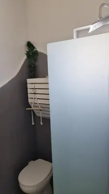 a bathroom with a toilet and a plant on the wall at Arocaria - Faliraki peaceful apartments in Faliraki