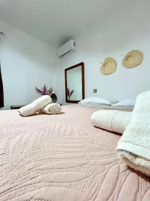 a bedroom with a large bed and a mirror at Philoxenia House in Asklipio in Asklipiḯon