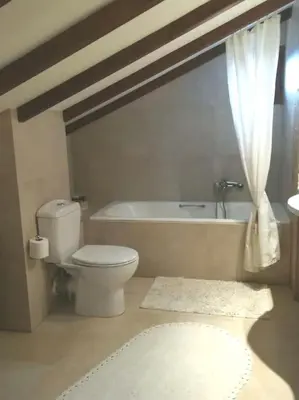 a bathroom with a white toilet and a bath tub at Elektra Apartment-Kallithea in Kallithea Rhodes