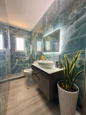 a bathroom with a sink and a toilet and a plant at Odysseia Stay Pool & Private Jacuzzi 2min Beach in Kremasti