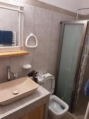 a bathroom with a shower and a toilet and a sink at Lindos Alley in Líndos