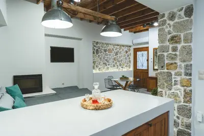 a kitchen and living room with a stone wall at Aesthisis Sensational Accommodation Archangelos in Archangelos
