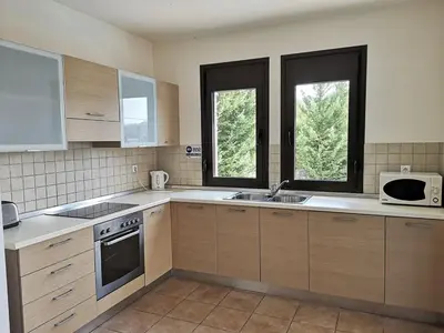 a kitchen with wooden cabinets and a sink and two windows at 3 Bed Villa In Lardos Village in Lardos