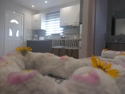 a view of a kitchen and a living room at Kolymbia summer holidays in Kolimbia