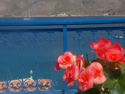 a blue balcony with red flowers in front of the water at Marinas Studios in Livadia