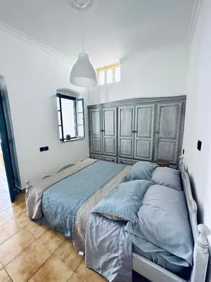 a bedroom with a large bed with a gray headboard at Evangelia in Symi