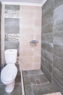 a bathroom with a toilet and a tiled wall at Aelia studio in Symi