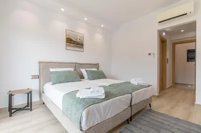 a bedroom with two beds with green pillows at Armonia Luxury Villa in Triánta