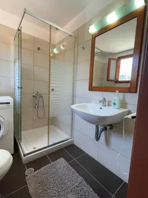 a bathroom with a shower and a sink and a toilet at Foteini’s House in Symi