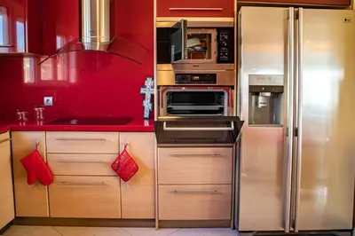 a kitchen with stainless steel appliances and red walls at Mary's Luxury Residence in Koskinou