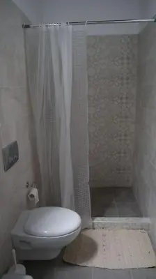 a bathroom with a toilet and a shower curtain at Heliophilia Malona in Malona Village