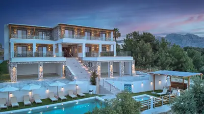 a rendering of a villa with a swimming pool at KOUROS STONE SUITES in Haraki