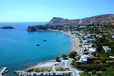 an aerial view of a beach in a bay at Anthias Beach Home in Archangelos