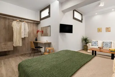 a bedroom with a green bed and a desk at Seaesta Villas in Koskinou