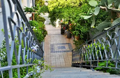 a brick walkway with a metal fence and plants at ZEUS Studios in Rhodes Town