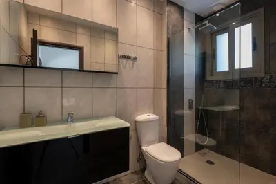 a bathroom with a toilet and a sink and a shower at Villa Katerina in Líndos