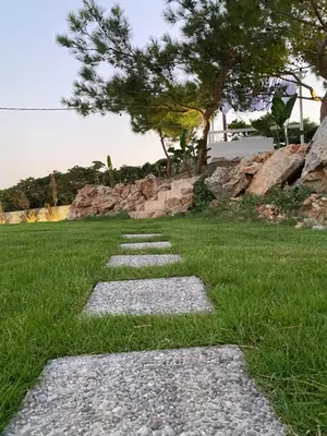 a stepping stone path through a grass field at Kallithea Residence in Koskinou