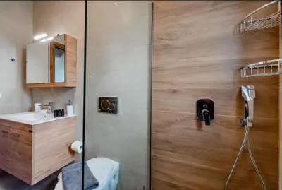 a bathroom with a shower with a toilet and a sink at flower veranda 1st floor app in Rhodes Town