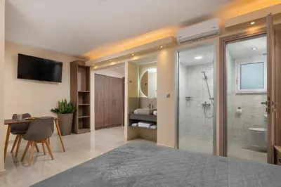 a bathroom with a shower and a toilet and a sink at Lampraki Luxury Apartments in Rhodes Town