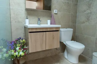 a bathroom with a toilet and a sink and flowers at Anna's house in Rhodes Town
