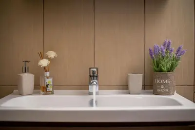 a bathroom sink with flowers in vases on it at Captain Chris Villa in Afantou