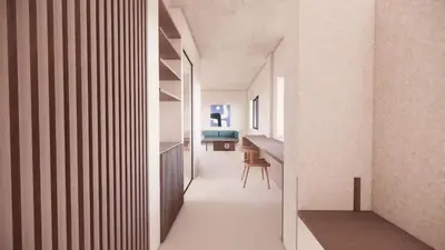a hallway of a house with a desk and a chair at Elite Centre in Rhodes Town