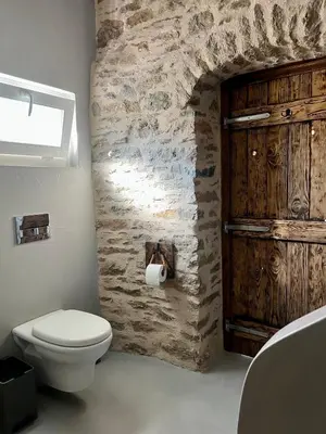 a bathroom with a toilet and a stone wall at Katrani studios in Symi