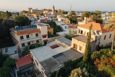 an aerial view of a city with buildings at Odysseus Luxury House in Rhodes Town