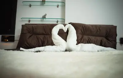 a pair of swans laying on top of a bed at Wohlfühloase 1 Casa Elena und Gerd in Rhodes Town