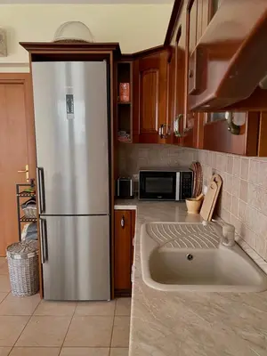 a kitchen with a stainless steel refrigerator and a sink at Villa Sofia with garden, pool and lounge areas in Kolimbia