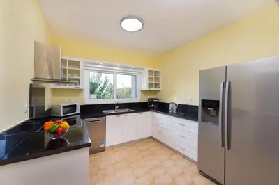a kitchen with white cabinets and a stainless steel refrigerator at Villa Dora in Faliraki