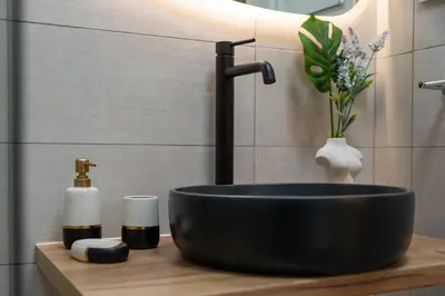 a black sink in a bathroom with a sink at Nice n Cosy Apartment I in Rhodes Town
