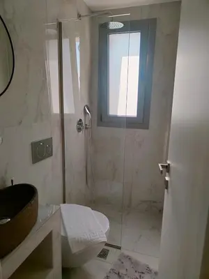 a bathroom with a shower and a toilet and a sink at Alpha Villas in Gennadi