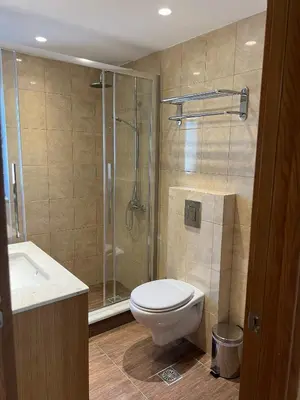 a bathroom with a shower and a toilet and a sink at Amaryllis Beach House in Lardos