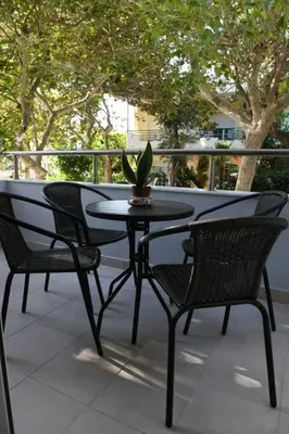 a table with two chairs and a potted plant on a balcony at Emerald Cozy Apartment in Rhodes Town