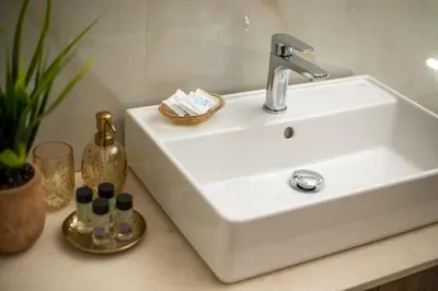 a white sink in a bathroom with a plant at Anastasia Luxury House in Afantou