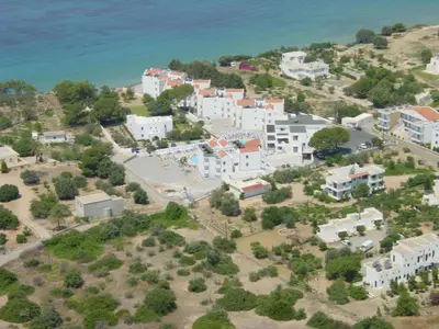 an aerial view of a town next to the ocean at Lindia Thalassa in Pefki Rhodes