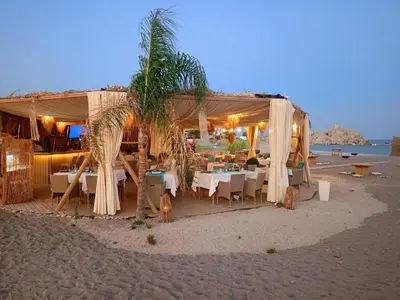 a restaurant on the beach with tables and a palm tree at Alia Beachfront Suites and Spa in Haraki