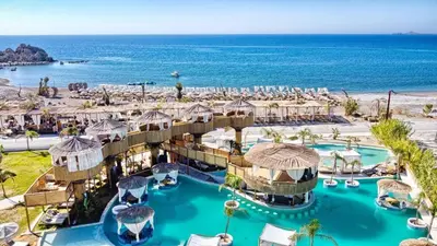an aerial view of the resort and the beach at Alia Beachfront Suites and Spa in Haraki