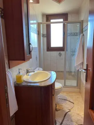 a bathroom with a sink and a toilet and a shower at Luna's Summer House in Kremasti