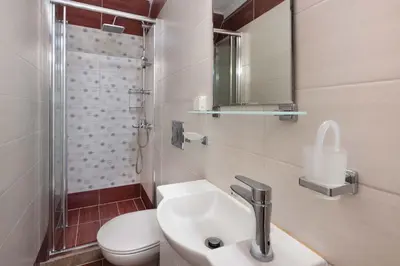 a bathroom with a sink and a toilet and a shower at Elena in Symi