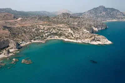 an aerial view of a small island in the ocean at Hamilton Sea Front Villa in Archangelos