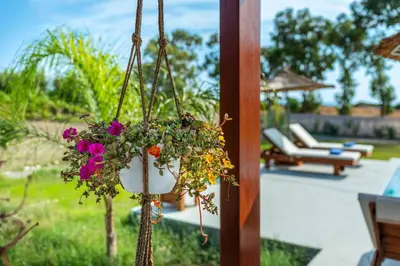 a potted plant is hanging from a pole at Kalimera Villa By the Sea in Gennadi