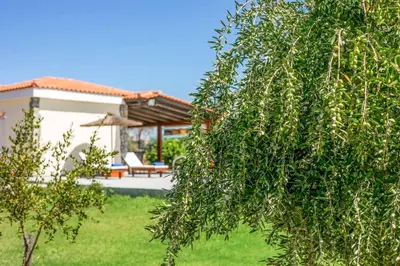 a tree in front of a house with a patio at Kalimera Villa By the Sea in Gennadi