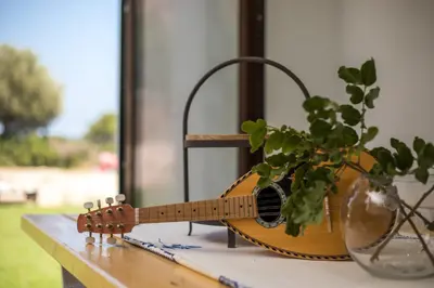 a guitar sitting on a table next to a plant at Exclusive Olive & Herb Villa, Mountain to Sea Views, Rhodes in Afantou