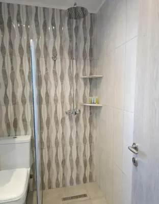 a bathroom with a shower and a toilet at Tina's Studio in Pastida