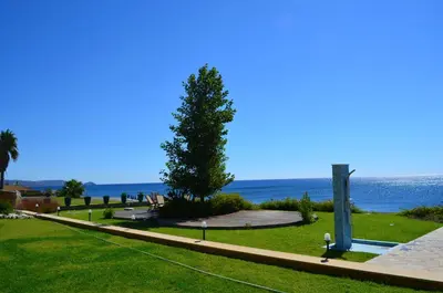 a park with a tree and the ocean in the background at Private beach villa Princess in Kiotari
